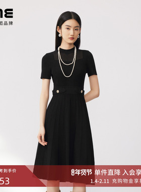 LIME莱茵针织连衣裙黑色2024秋季新款立领显瘦法式优雅收腰百褶裙