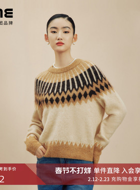 朗姿集团LIME莱茵费尔岛针织套头衫圆领羊毛混纺提花宽松长袖毛衫