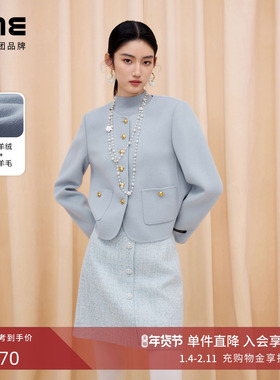 朗姿/LIME莱茵羊绒羊毛双面呢短大衣简约圆领小香风配金色扣新款