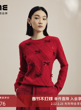 LIME莱茵圆领纯羊毛蝴蝶结装饰针织套头衫红色冬新款过年时尚毛衣