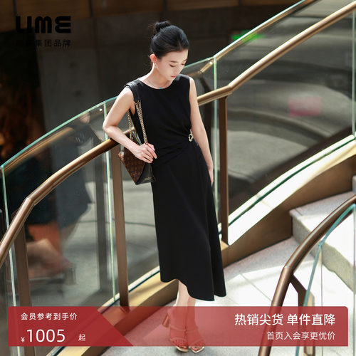 【小黑裙】朗姿/LIME摩登优雅黑色连衣裙高腰捏褶设计感经典夏季