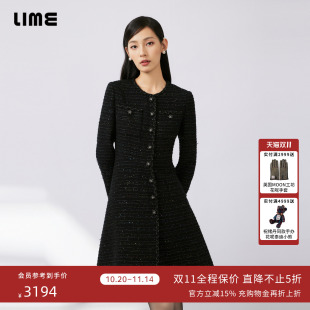 LIME莱茵优雅粗花呢连衣裙夜幕黑色2024秋新款 小香风收腰轻奢裙子