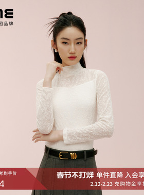 朗姿集团LIME莱茵法式半高领透视感蕾丝黑白色套头衫长袖修身上衣