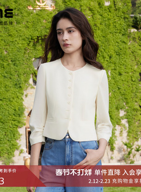 LIME莱茵简约轻薄长袖西服米白色秋新款圆角设计感优雅短上衣