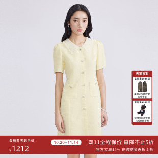 LIME莱茵小香风纯色A字连衣裙2024年春夏新款 翻领收腰柠檬黄裙子