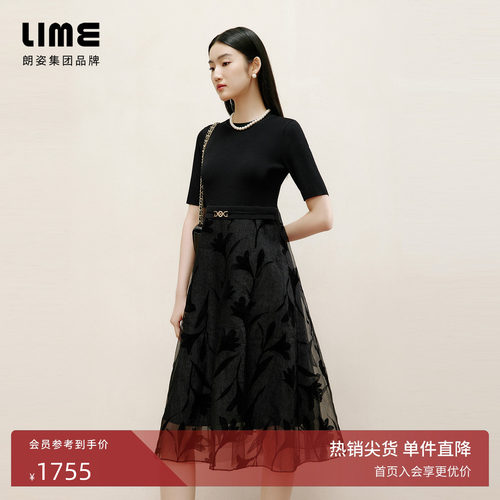 朗姿集团LIME莱茵针织拼接蕾丝花卉连衣裙黑色夏简约显瘦长裙