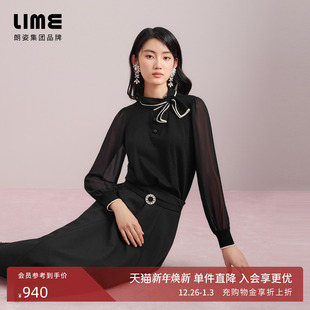 新款 朗姿集团LIME莱茵针织套头衫 黑色优雅气质羊毛蝴蝶结25年秋季