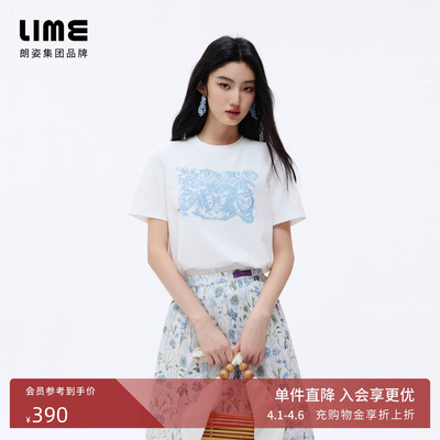 朗姿/LIME莱茵棉质蝴蝶印花重工刺绣T恤复古短袖2026年夏季新款