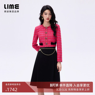 纱收腰伞摆圆领连衣裙26春新款 朗姿 LIME莱茵小香风羊毛格纹花式