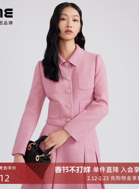 LIME莱茵年早春新款粗花呢短截上衣亮粉色翻领小香风优雅短外套