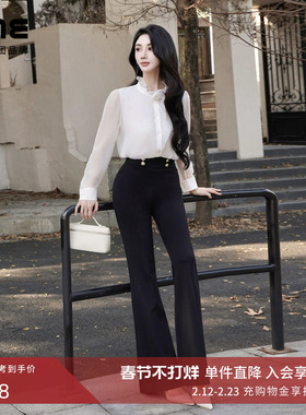 【莱茵超模裤】朗姿/LIME爆款黑色微喇显瘦修身针织弹力裤冬新款