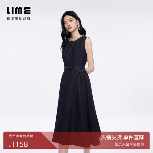 朗姿/LIME莱茵棉质重工钻饰圆领收腰蝴蝶结牛仔连衣裙2026夏新款