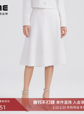 LIME莱茵年早春新款粗花呢半裙象牙白色高腰韩版A字裙通勤百搭