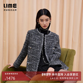 上衣灰圆领小香风花纱手工织带新款 朗姿 LIME莱茵羊毛粗花呢短款