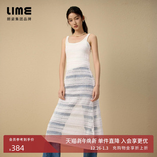 朗姿集团LIME莱茵度假风镂空针织连衣裙25夏U领无袖 纱收腰裙 花式