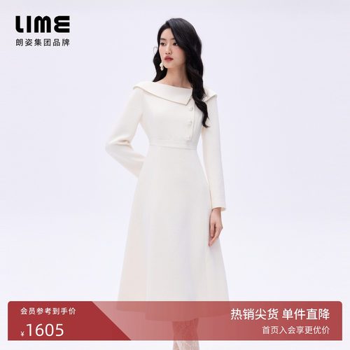 朗姿/LIME莱茵小香风不对称一字翻领连衣裙A字裙滴油扣饰26春新款