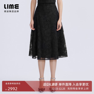 LIME莱茵休闲时尚 飘逸感网纱刺绣蕾丝裙子 半裙黑色2024春夏新款