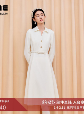 朗姿集团LIME莱茵翻领复古收腰小香风连衣裙高级感长裙25秋冬新款