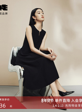 LIME莱茵无袖通勤黑色连衣裙2024秋新款简约大裙摆优雅收腰长裙