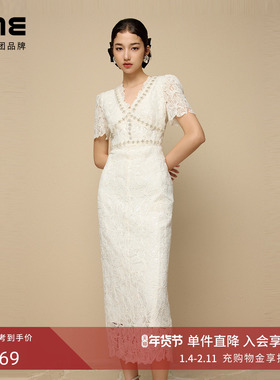 朗姿集团LIME莱茵优雅蕾丝连衣裙白色25夏花卉刺绣设计感礼服裙