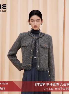 朗姿集团LIME莱茵亮丝羊毛混纺短外套深灰色复古轻暖小个子25冬新