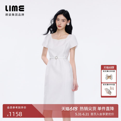 朗姿LIME莱茵千金风复古方领泡泡袖修身连衣裙轻奢2026年夏季新款
