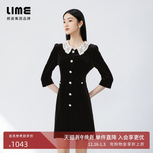 蕾丝领连衣裙黑色2024秋新款 LIME莱茵法式 珍珠扣收腰裙 丝绒