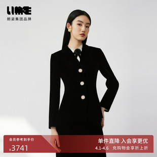 LIME莱茵轻奢丝绒上衣黑色秋新款 饰女外套 V领收腰有型钻扣装