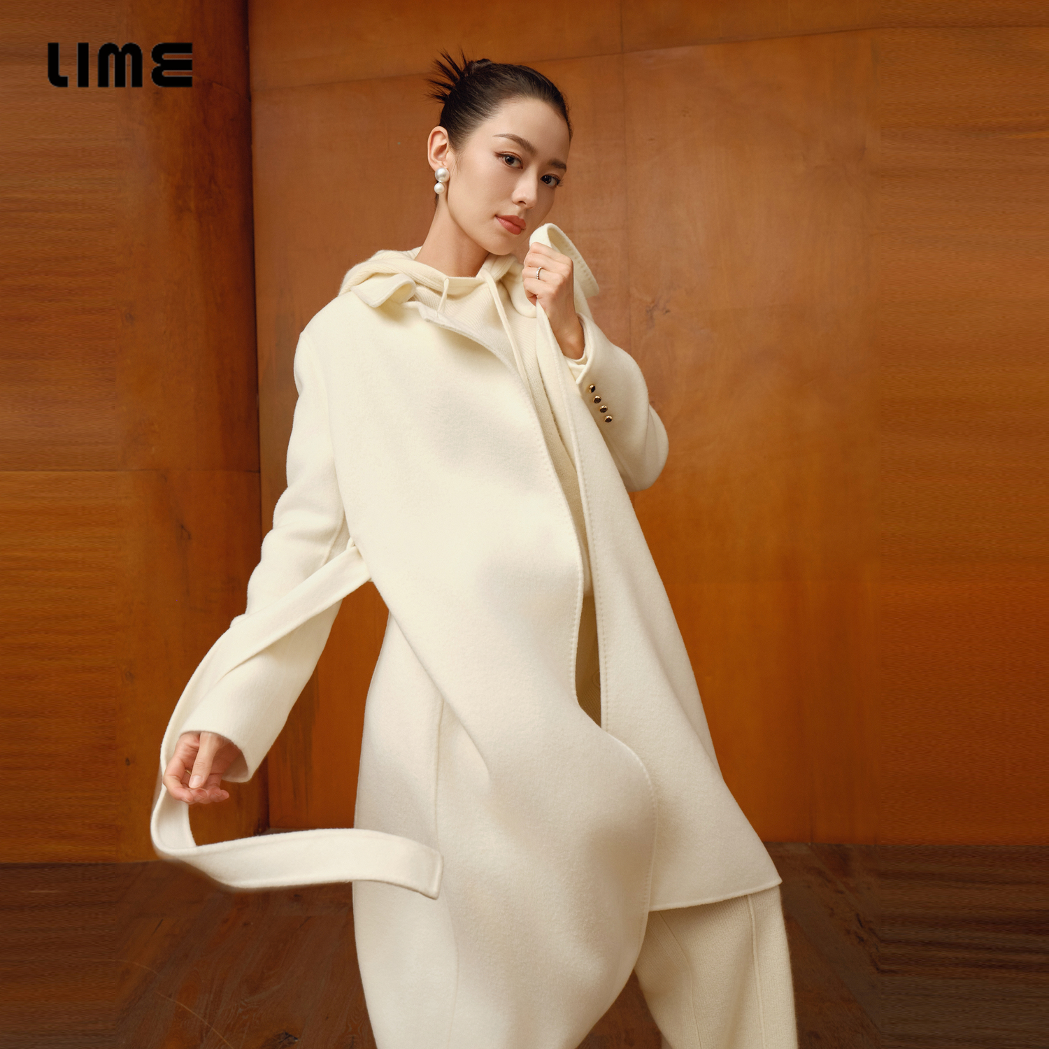 【吉娜同款】LIME莱茵简约双面呢长大衣24冬新款优雅收腰系带外套