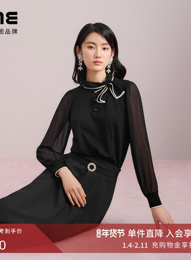 朗姿集团LIME莱茵针织套头衫黑色优雅气质羊毛蝴蝶结25年秋季新款