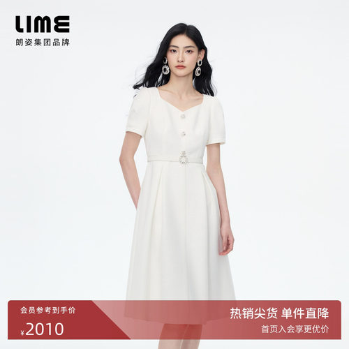 朗姿/LIME莱茵香风钻石领泡泡袖收腰连衣裙设计感轻奢2026夏新款