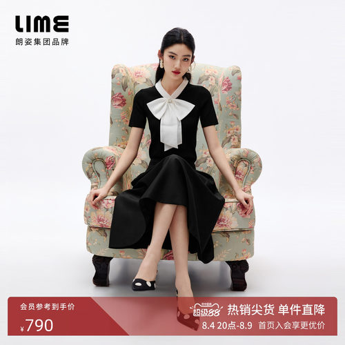 朗姿/LIME莱茵黑白撞色欧根纱蝴蝶结针织衫短袖通勤2026夏季新款