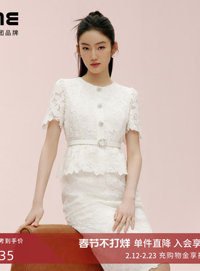 朗姿集团LIME莱茵假两件蕾丝刺绣白色连衣裙25夏收腰腰带装饰裙