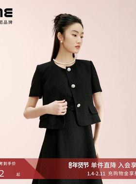 朗姿集团LIME莱茵优雅气质短袖夹克无袖收腰连衣裙黑色套装25夏