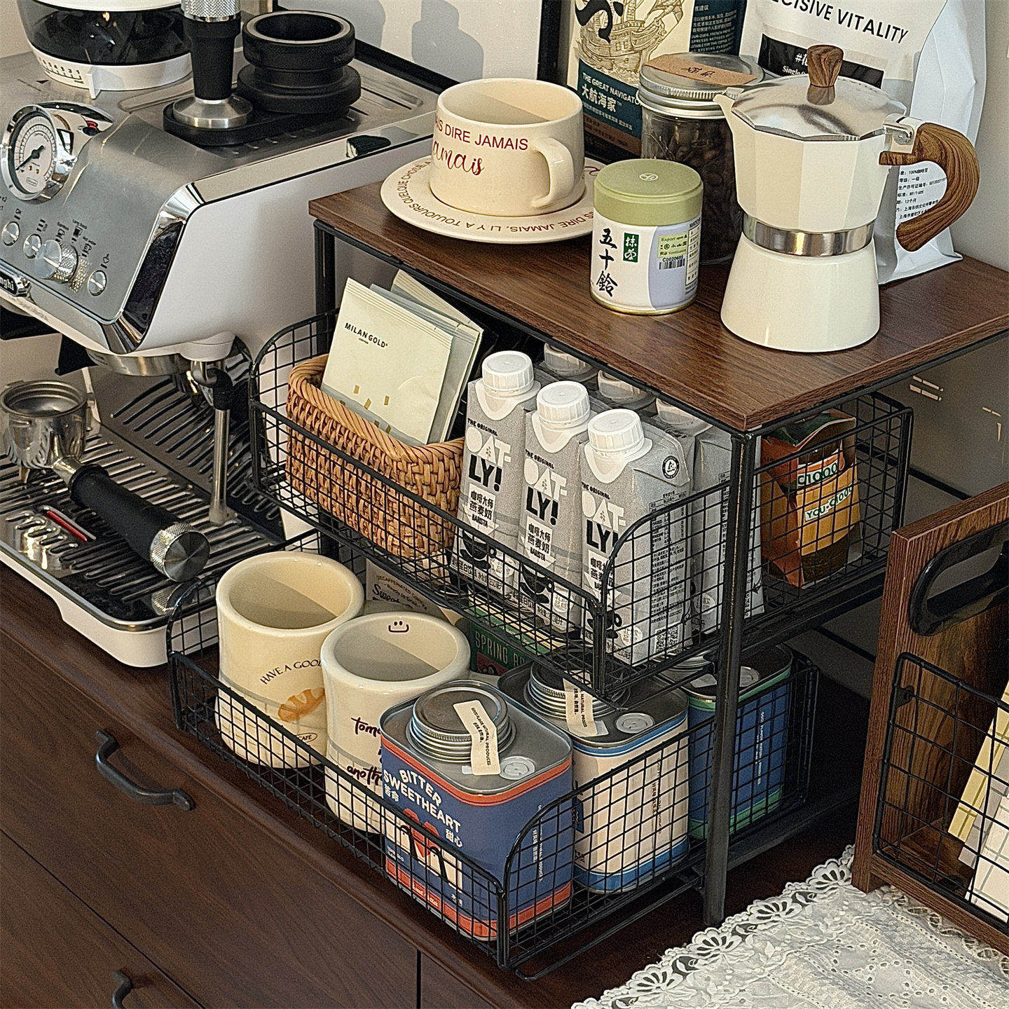 整理神器~中古风置物架咖啡机抽屉式收纳层架咖啡茶包水杯架子