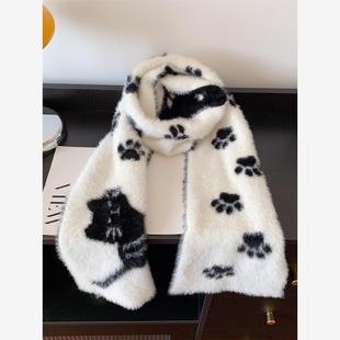 猫爪印黑白双面彷貂毛保暖围巾女生可爱冬韩系氛围感百搭防寒围脖