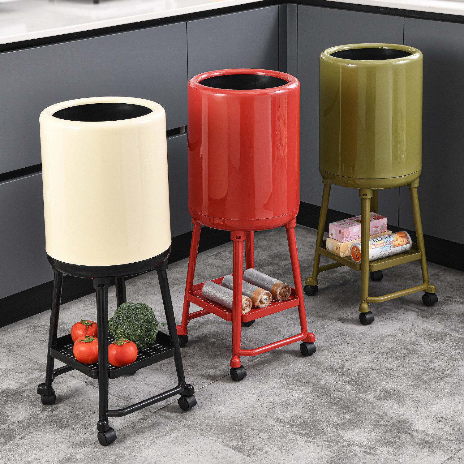 大容量免弯腰垃圾桶厨房高脚带轮可移动高颜值卫生桶圆形无盖纸篓