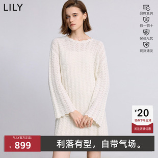 LILY冬新款女装小香风针织镂空喇叭袖收腰连衣裙女125409T7918