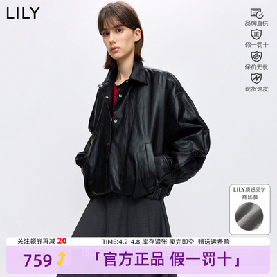 LILY2026春新款复古翻领落肩休闲通勤深色夹克外套女126130C3127