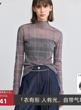 LILY时尚春新款设计感摩登高领灰色长袖T恤女打底衫125140VT221