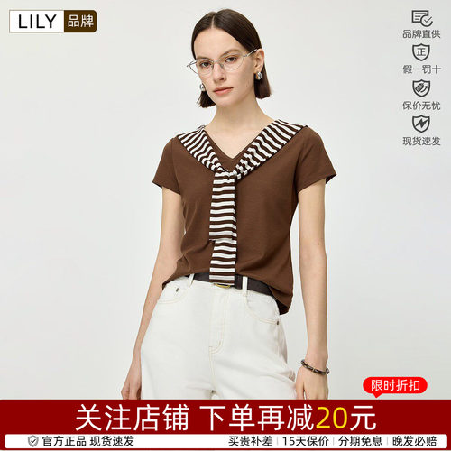 LILY短袖T恤女2026夏新款混纺领V领条纹披肩休闲T恤126209VT980