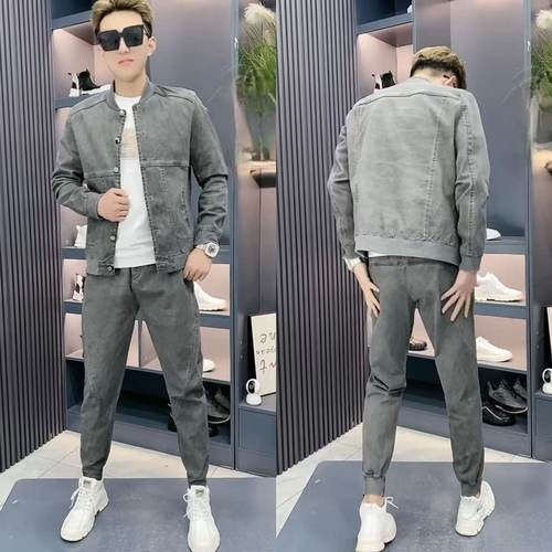 秋季男士长袖夹克牛仔裤两件套