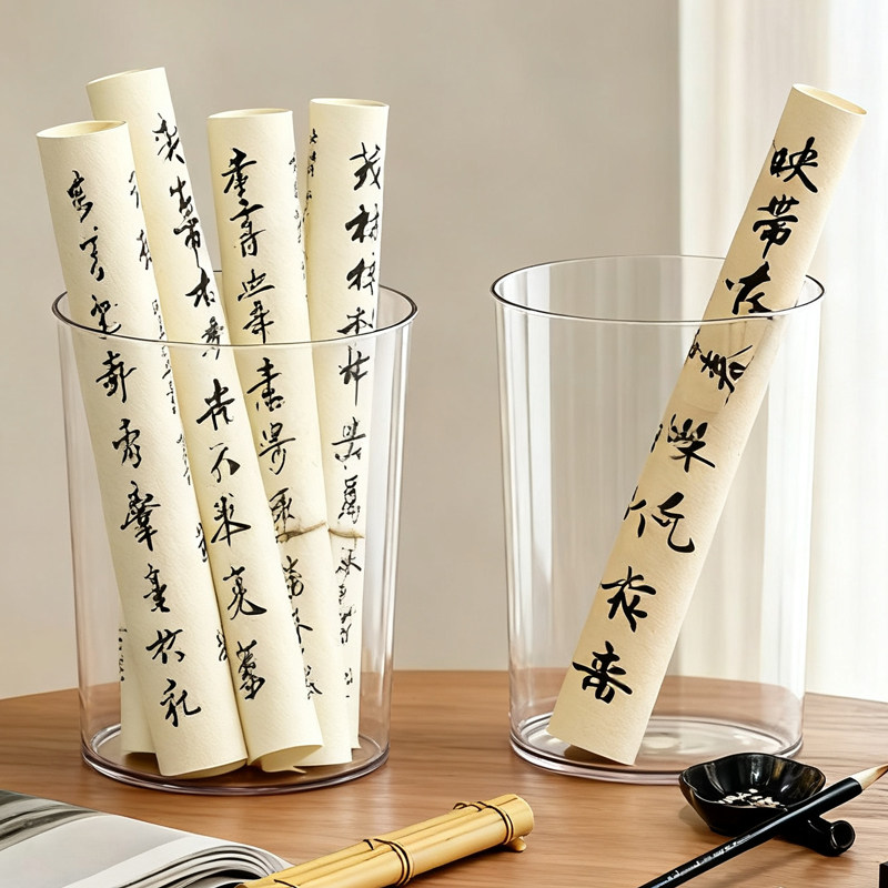 书法字画收纳桶加厚透明亚克力毛笔笔筒宣纸收纳筒作品笔桶书法收纳筐作品学生儿童书桌毛笔筒毛笔桶笔架文房