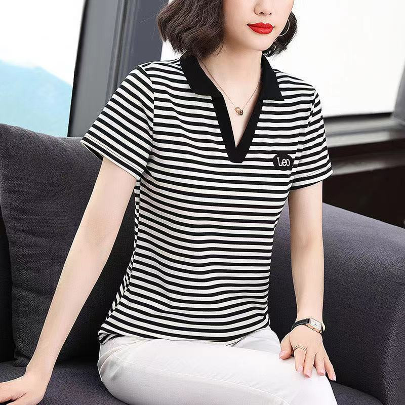 2025夏新款妈妈装短袖上衣中年女洋气宽松大码条纹T恤polo领打底,女装/女士精品,T恤,淘宝优惠券,粉丝福利购,淘宝优惠卷
