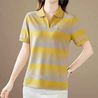 翻领短袖印花字母条纹t恤女夏季新款宽松透气中年妈妈大码上衣POL