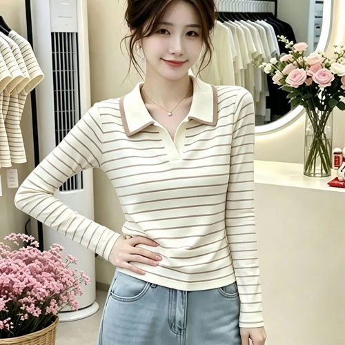 气质正肩polo翻领长袖撞色条纹2026年秋季新款显瘦T恤上衣女休闲