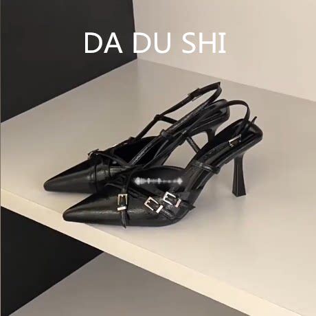 羊皮版~法式气质尖头细跟高跟鞋女交叉皮扣带凉鞋浅口后绊带单鞋