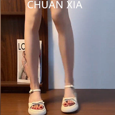 羊皮版~法式绝美粗跟高跟鞋女一字扣带露趾凉鞋厚底蝴蝶结通勤鞋