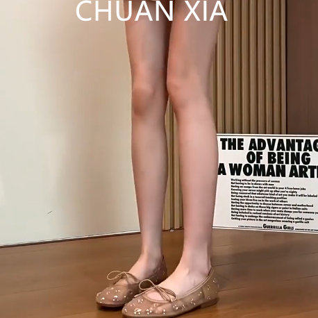 羊皮版~绝美网纱水钻单鞋女配裙子平底玛丽珍鞋仙女风蝴蝶结瓢鞋
