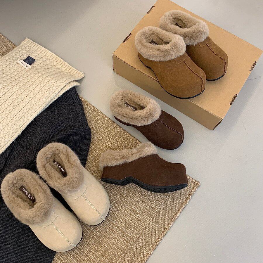 法式圆头加绒包头毛毛拖